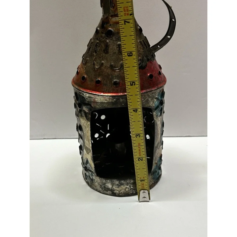 Vintage Handmade Mexican Punched Tin Lantern Luminary Folk Art Candle Holder